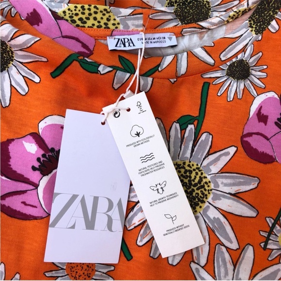 ZARA Mix Medía Cotton Orange Floral Print Short Sleeve Pull On Mini Dress M - Picture 13 of 16